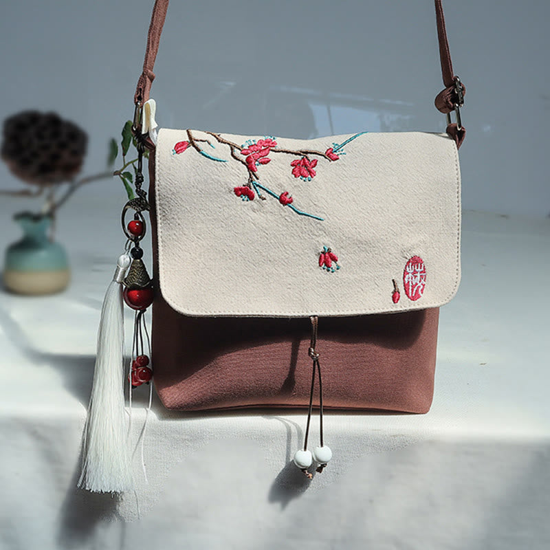 Handmade Embroidered Plum Flowers Canvas Crossbody Bag Shoulder Bag Handbag - Image 10