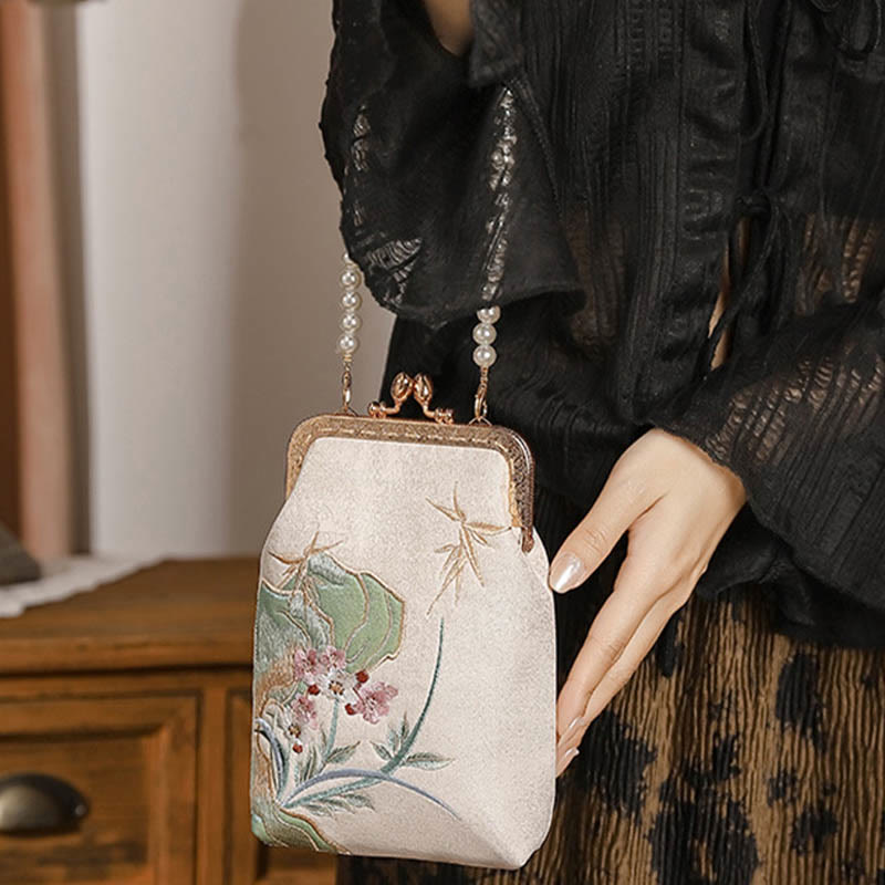 Mountain Stone Orchid Pattern Pearl Chain Crossbody Bag Handbag - Image 2