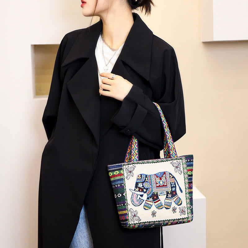 Elephant Butterfly Embroidered Large Capacity Canvas Tote Bag Shoulder Bag - Image 3