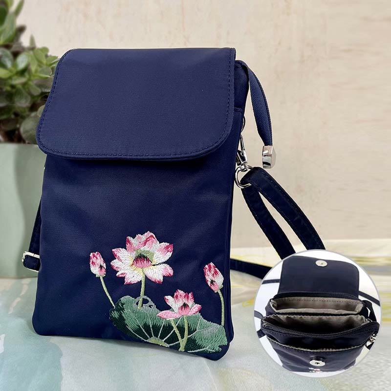 Waterproof Handmade Embroidered Lotus Flowers Crossbody Bag Shoulder Bag Cellphone Bag - Image 2