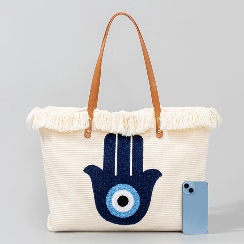 Large Capacity Evil Eye Leaf Hamsa Tassel Canvas Tote Shoulder Bag - Image 18