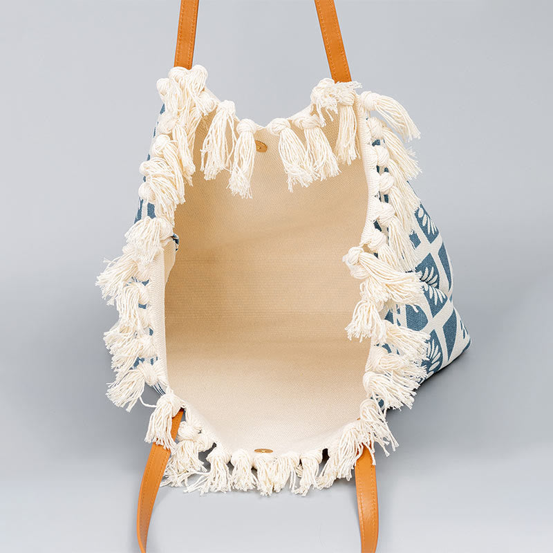 Large Capacity Boho Geometry Print Tassel Canvas Tote Shoulder Bag - Image 2