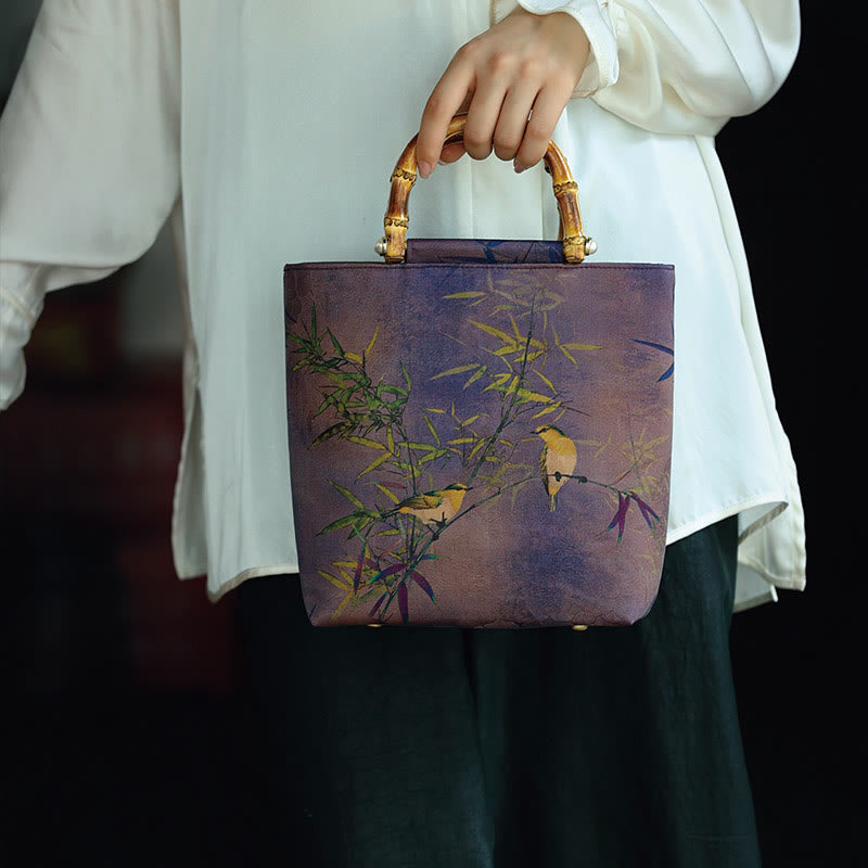 Purple Magpie Birds Branches Bamboo Handles Handbag - Image 12