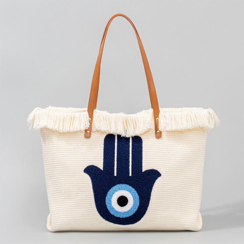Large Capacity Evil Eye Leaf Hamsa Tassel Canvas Tote Shoulder Bag - Image 16