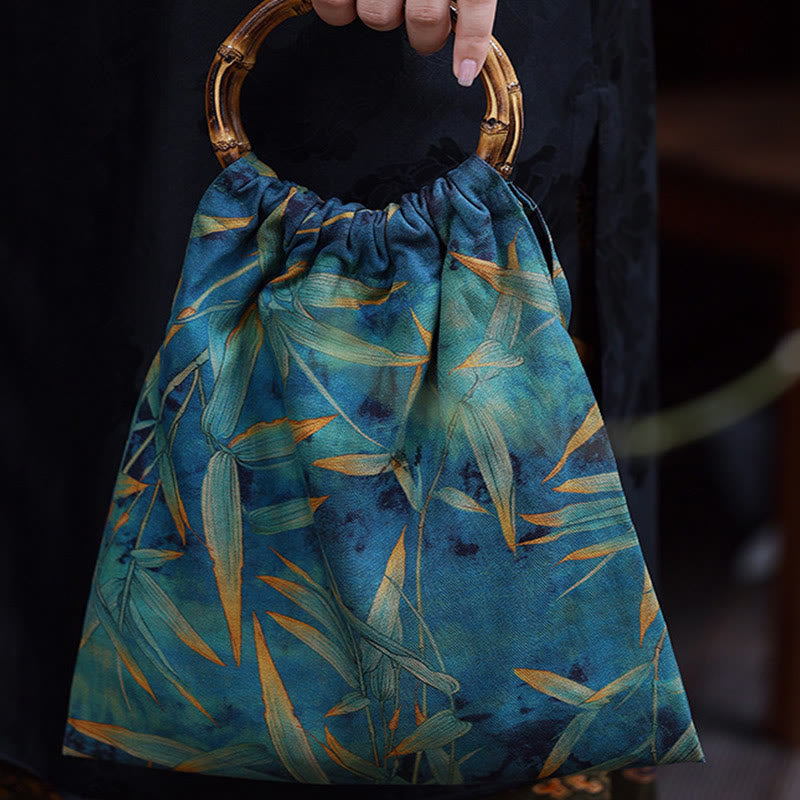 Blue Green Bamboo Leaves Bamboo Handles Handbag - Image 6