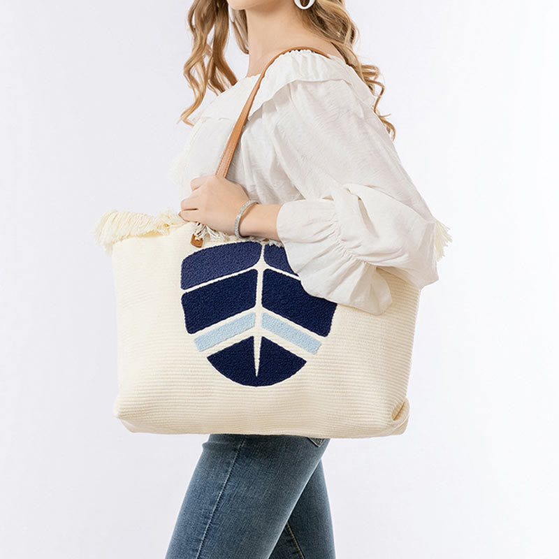 Large Capacity Evil Eye Leaf Hamsa Tassel Canvas Tote Shoulder Bag - Image 13