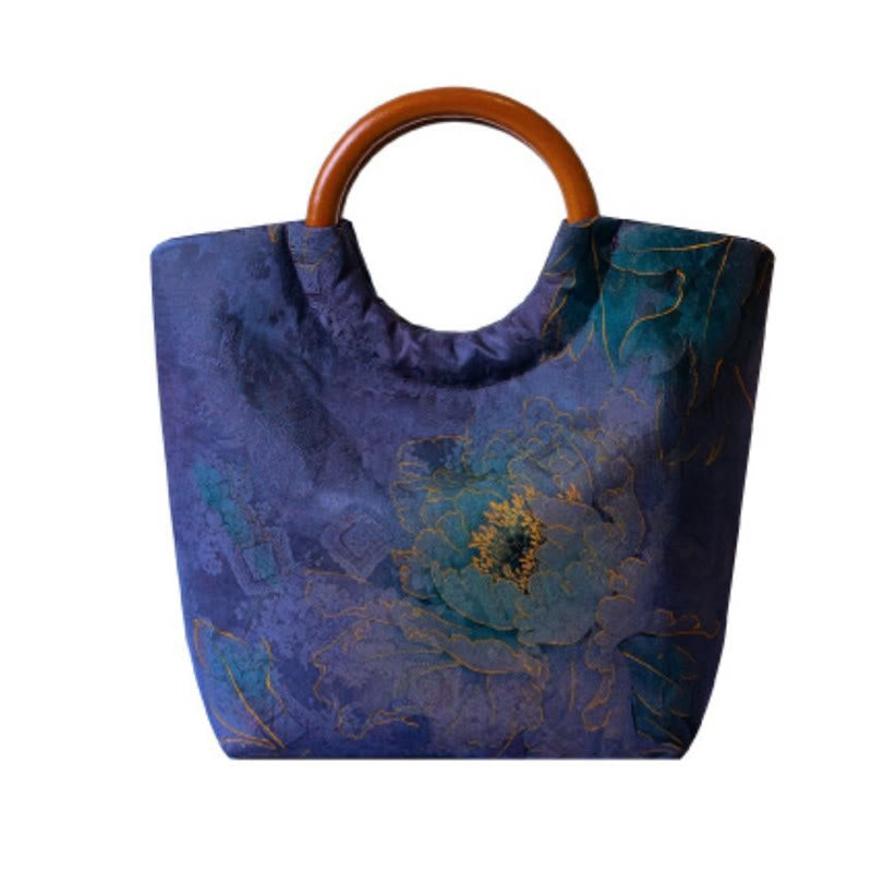 Peony Flower Bamboo Leaves Bird Solid Wood Handle Handbag - Image 12