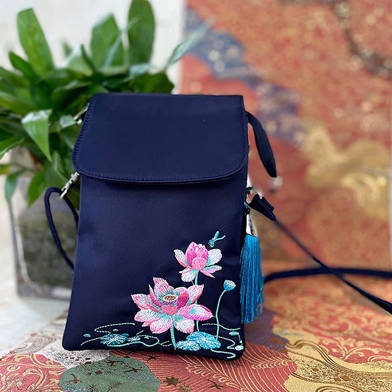 Waterproof Handmade Embroidered Lotus Flowers Crossbody Bag Shoulder Bag Cellphone Bag - Image 22