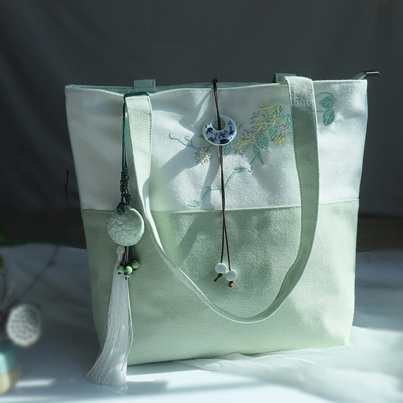 Pear Flower Plum Peach Blossom Bamboo Embroidery Canvas Large Capacity Shoulder Bag Tote Bag - Image 37