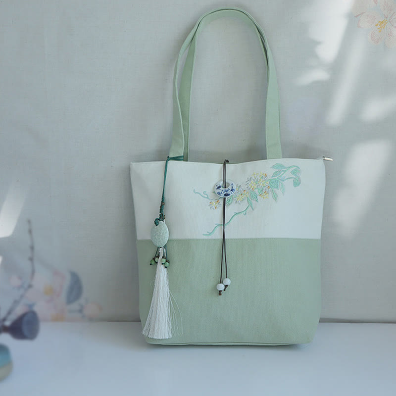 Pear Flower Plum Peach Blossom Bamboo Embroidery Canvas Large Capacity Shoulder Bag Tote Bag - Image 39
