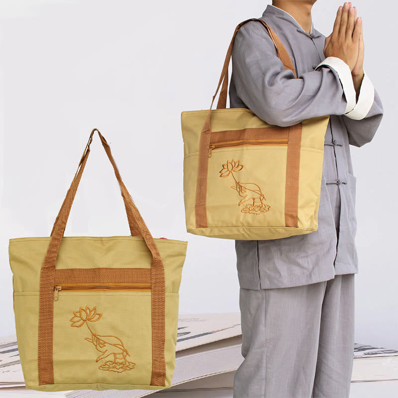 Spiritual Mind Practice Lotus Embroidery Pattern Canvas Shoulder Bag Tote Bag - Image 3