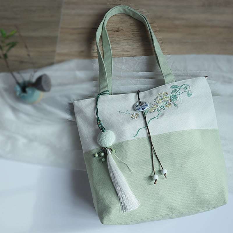 Pear Flower Plum Peach Blossom Bamboo Embroidery Canvas Large Capacity Shoulder Bag Tote Bag - Image 40