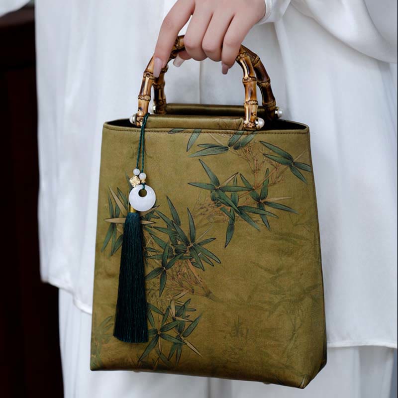 Yellow Green Bamboo Leaves Bamboo Handles Handbag - Image 10