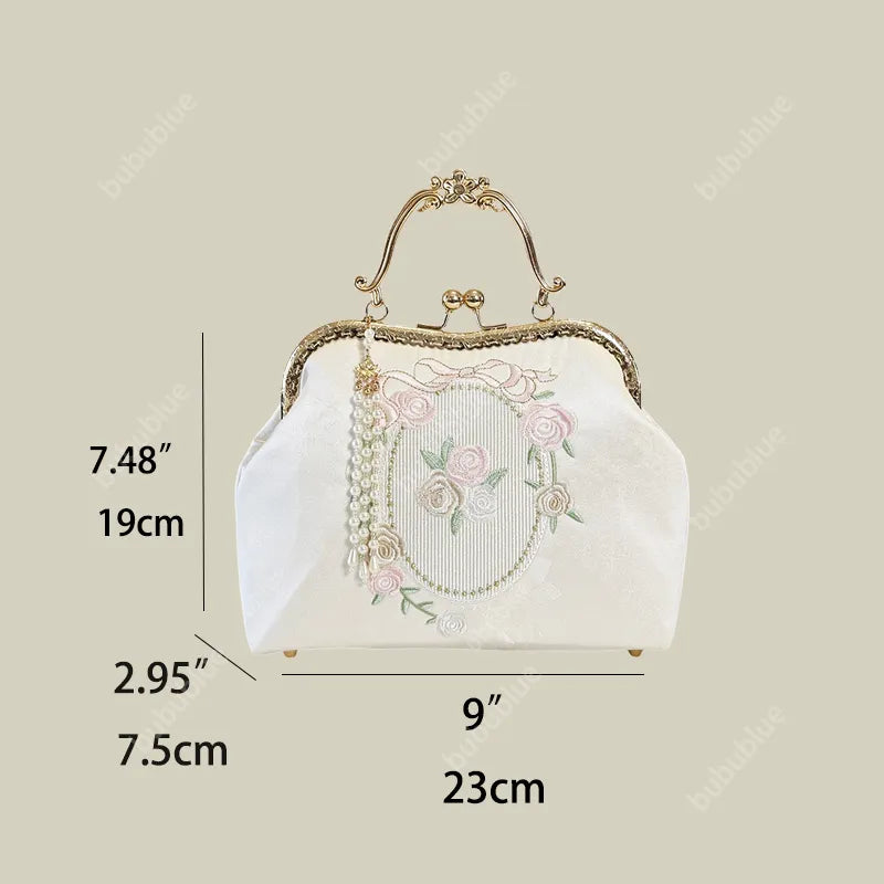 Vintage Rose Embroidered Handbag with Pearl Tassel & Gold Handle - Image 13