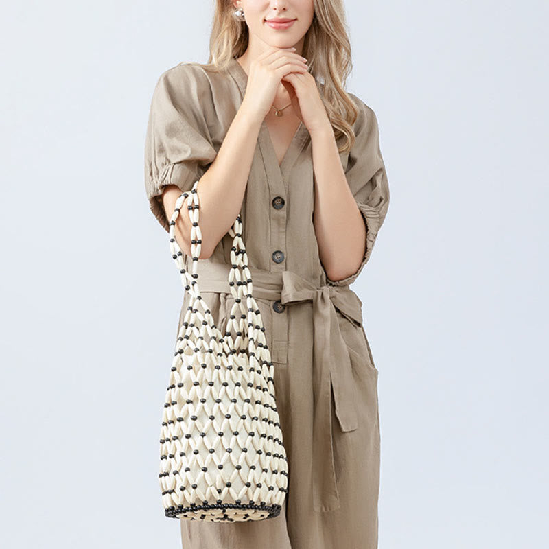 Hand-woven Wooden Beads Bucket Shoulder Bag Handbag - Image 14