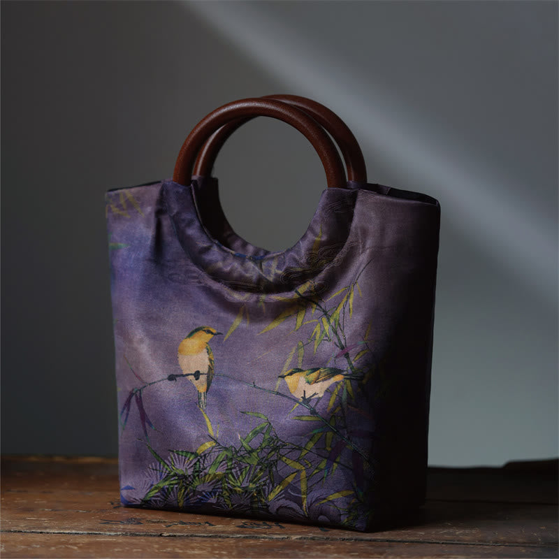 Peony Flower Bamboo Leaves Bird Solid Wood Handle Handbag - Image 13