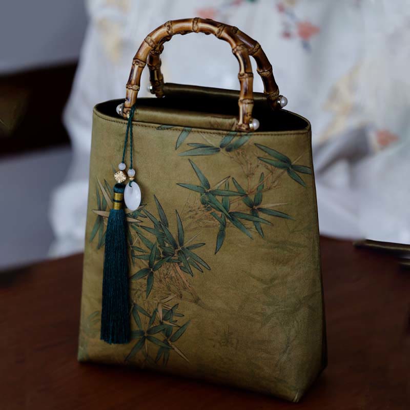 Yellow Green Bamboo Leaves Bamboo Handles Handbag - Image 7