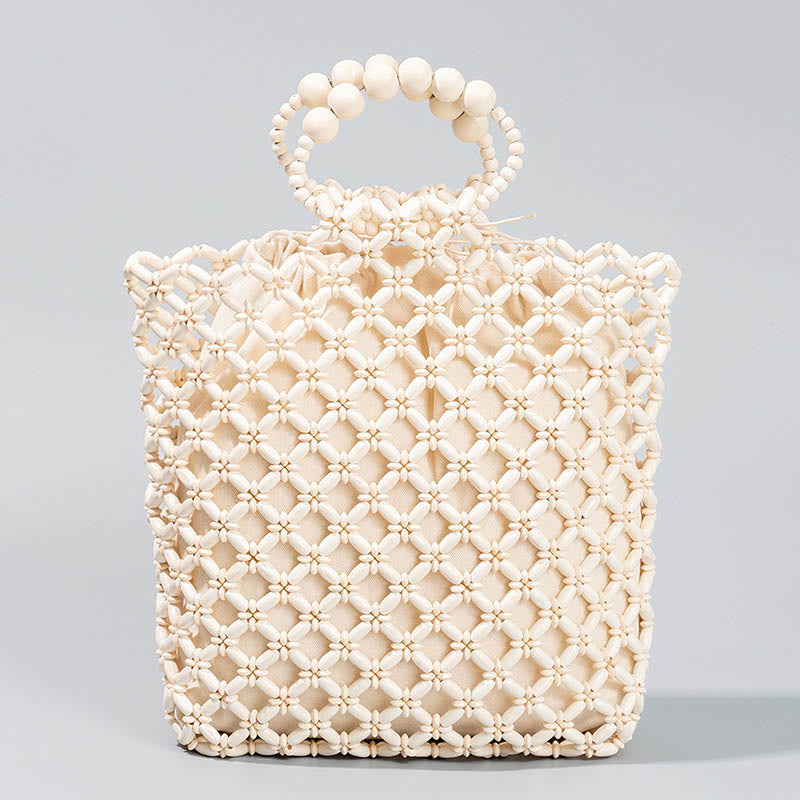 Hand-woven Fishing Line Braiding Mesh Hollow Wooden Beads Handbag - Image 9