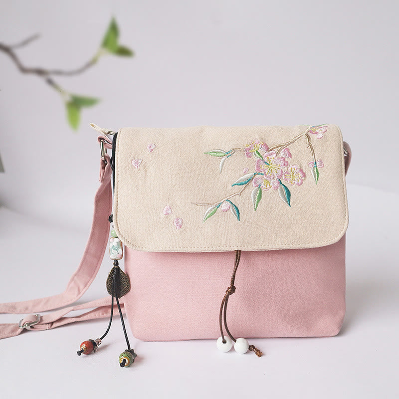 Handmade Embroidered Plum Flowers Canvas Crossbody Bag Shoulder Bag Handbag - Image 8