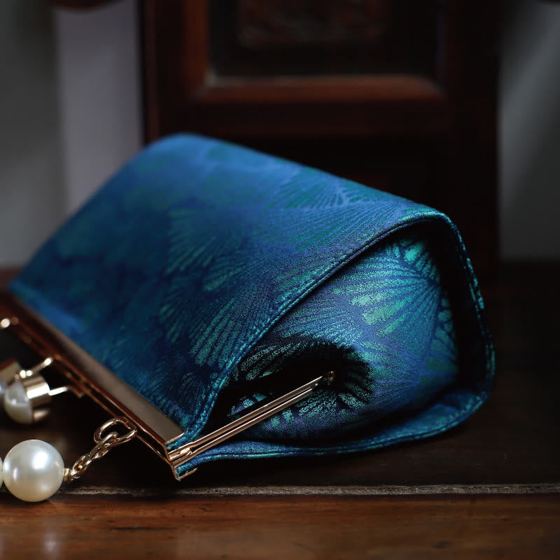 Vintage Peacock Blue Leaf Pattern Pearl Metal Handbag - Image 6