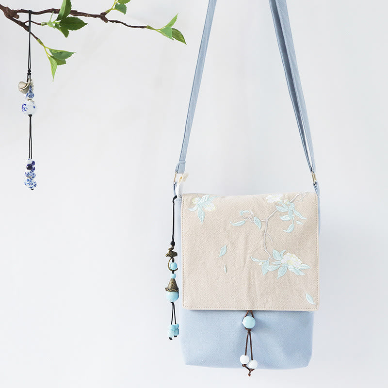 Handmade Embroidered Plum Flowers Canvas Crossbody Bag Shoulder Bag Handbag - Image 16