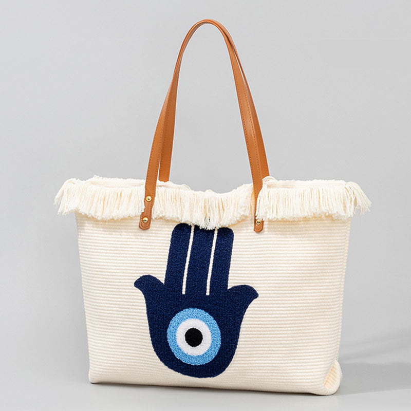 Large Capacity Evil Eye Leaf Hamsa Tassel Canvas Tote Shoulder Bag - Image 17
