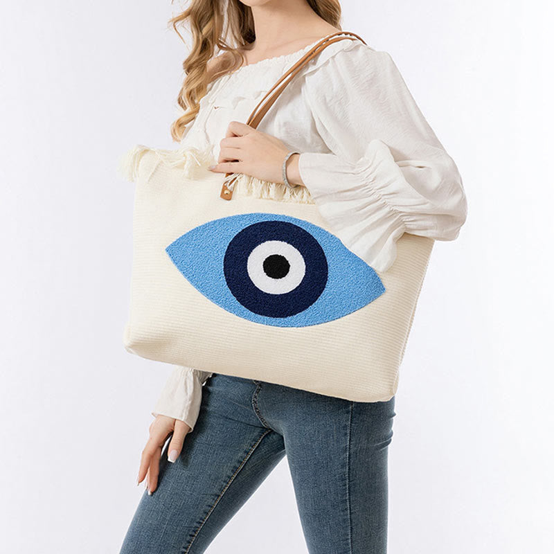 Large Capacity Evil Eye Leaf Hamsa Tassel Canvas Tote Shoulder Bag - Image 11