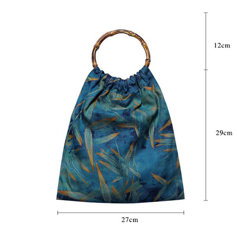 Blue Green Bamboo Leaves Bamboo Handles Handbag - Image 10