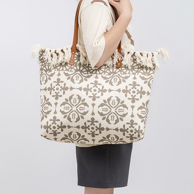 Large Capacity Boho Geometry Print Tassel Canvas Tote Shoulder Bag - Image 9