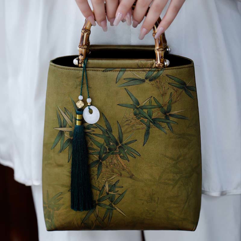 Yellow Green Bamboo Leaves Bamboo Handles Handbag - Image 11