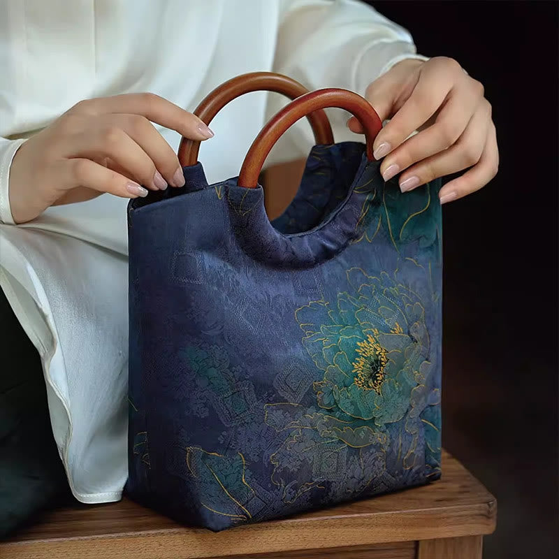 Peony Flower Bamboo Leaves Bird Solid Wood Handle Handbag - Image 3