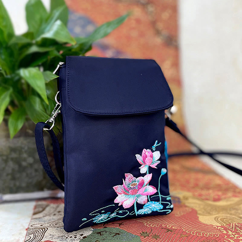 Waterproof Handmade Embroidered Lotus Flowers Crossbody Bag Shoulder Bag Cellphone Bag - Image 16