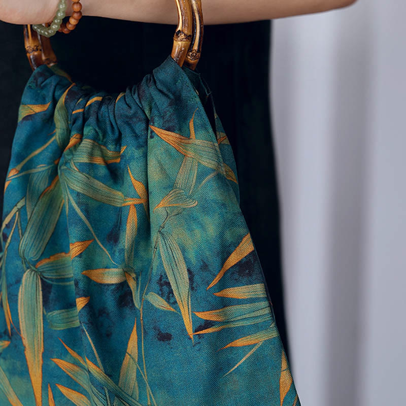 Blue Green Bamboo Leaves Bamboo Handles Handbag - Image 9