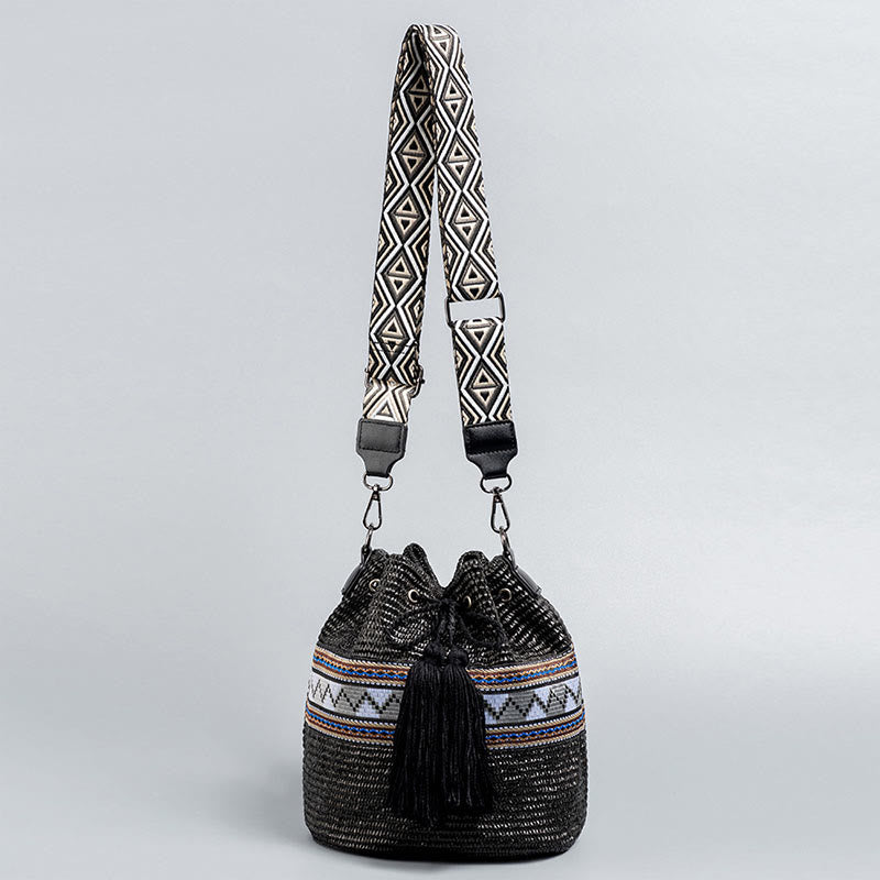 Beach Geometry Straw Woven Bucket Tassels Crossbody Bag Shoulder Bag - Image 14