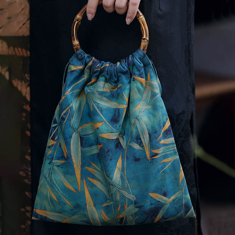 Blue Green Bamboo Leaves Bamboo Handles Handbag - Image 8