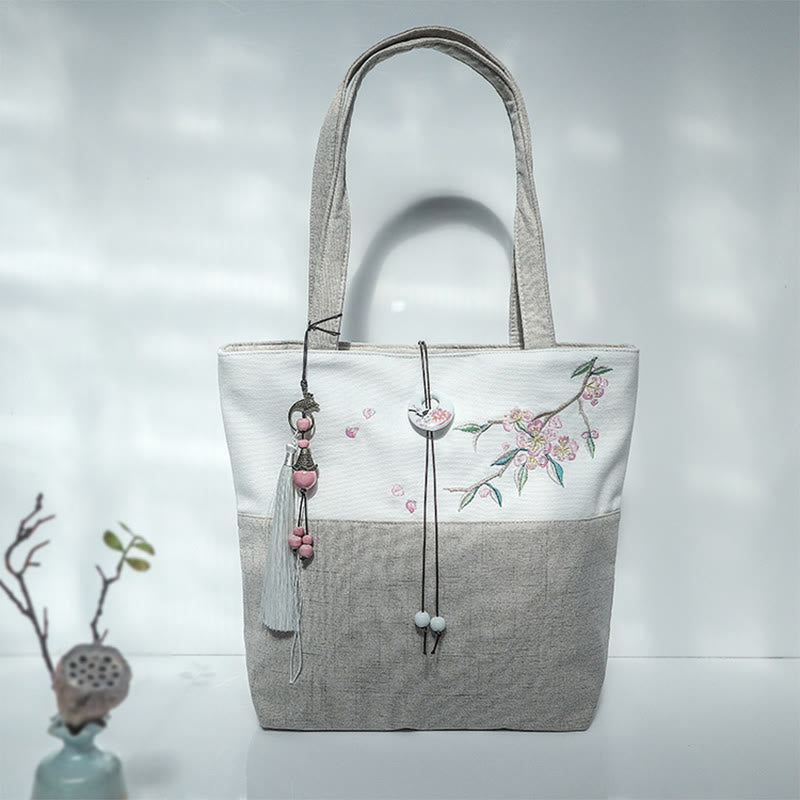 Pear Flower Plum Peach Blossom Bamboo Embroidery Canvas Large Capacity Shoulder Bag Tote Bag - Image 41