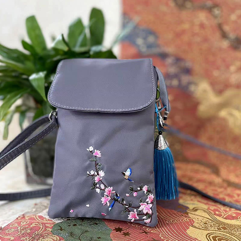 Waterproof Handmade Embroidered Lotus Flowers Crossbody Bag Shoulder Bag Cellphone Bag - Image 9