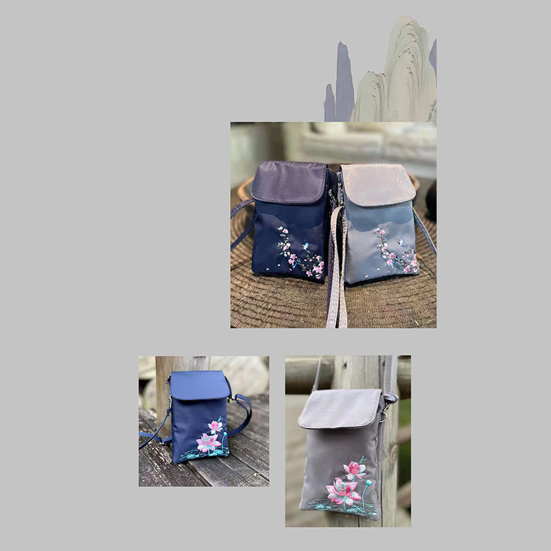 Waterproof Handmade Embroidered Lotus Flowers Crossbody Bag Shoulder Bag Cellphone Bag - Image 30