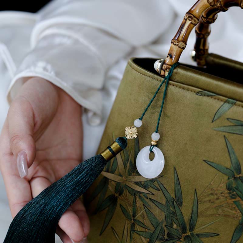 Yellow Green Bamboo Leaves Bamboo Handles Handbag - Image 5