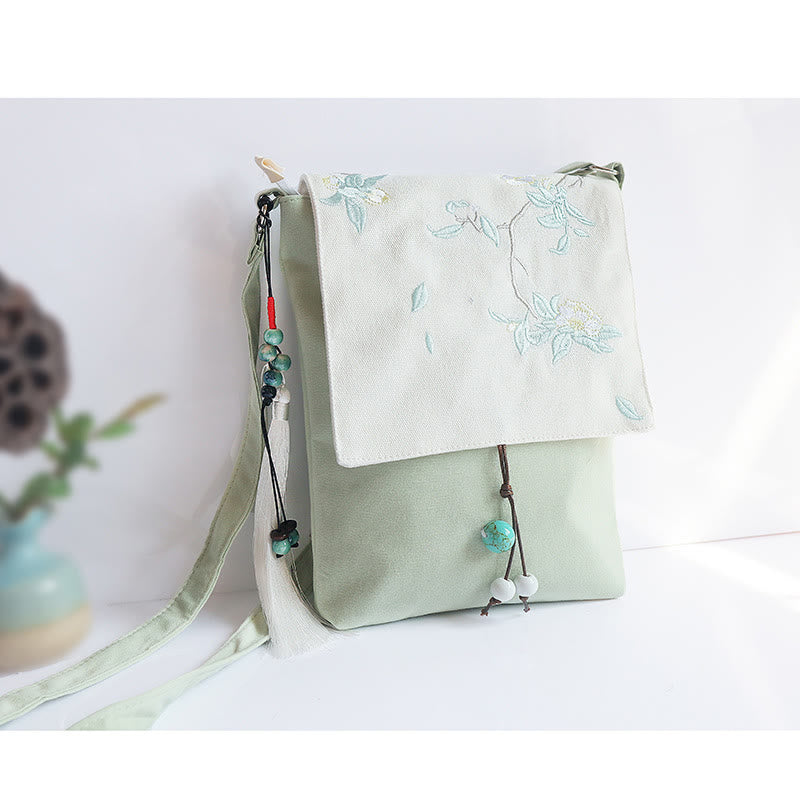 Handmade Embroidered Plum Flowers Canvas Crossbody Bag Shoulder Bag Handbag - Image 17