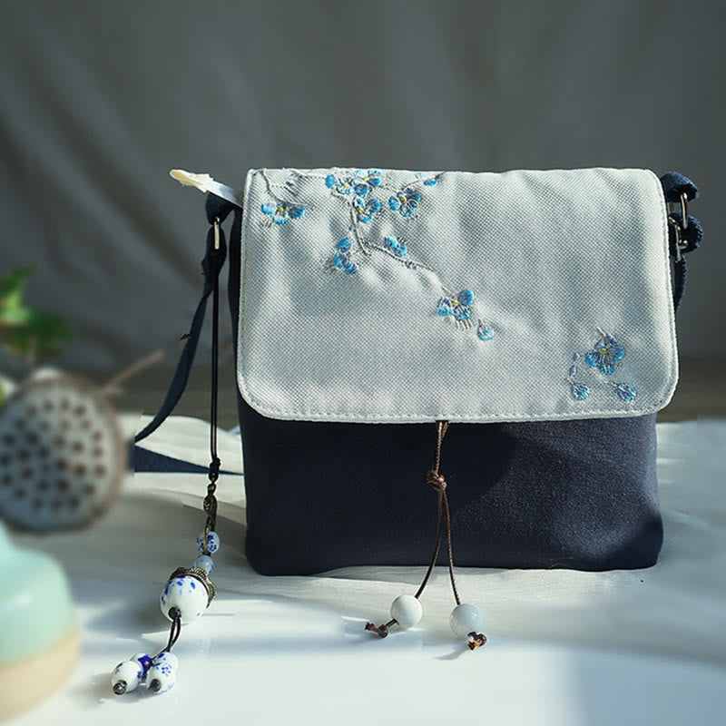 Handmade Embroidered Plum Flowers Canvas Crossbody Bag Shoulder Bag Handbag - Image 9