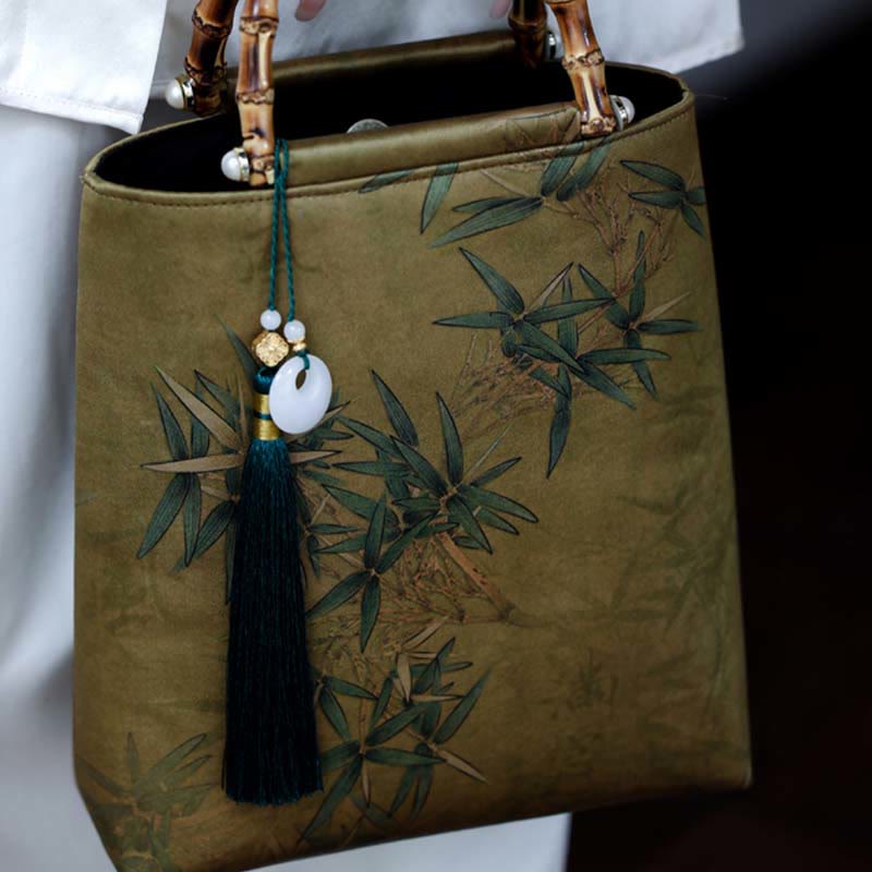 Yellow Green Bamboo Leaves Bamboo Handles Handbag - Image 13