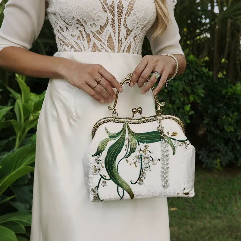 Lily of the Valley Embroidered Kiss-Lock White Handbag with Pearl Tassel - Image 5