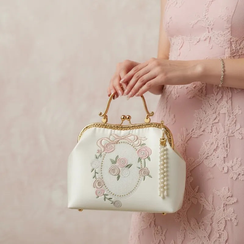Vintage Rose Embroidered Handbag with Pearl Tassel & Gold Handle - Image 2