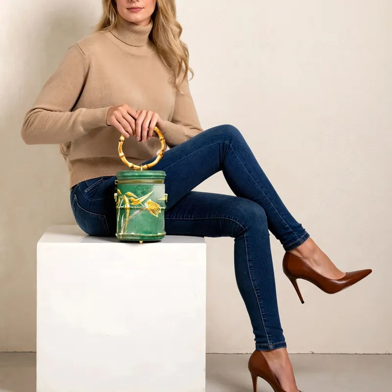 Cicada Song Embroidered Green Mini Bucket Bag - Image 3
