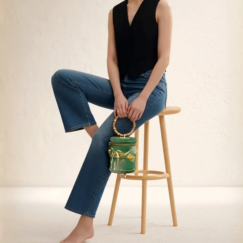 Cicada Song Embroidered Green Mini Bucket Bag - Image 5