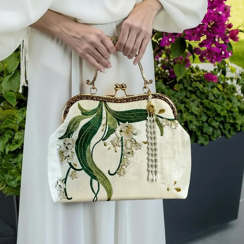 Lily of the Valley Embroidered Kiss-Lock White Handbag with Pearl Tassel - Image 4