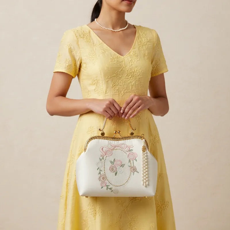Vintage Rose Embroidered Handbag with Pearl Tassel & Gold Handle - Image 3