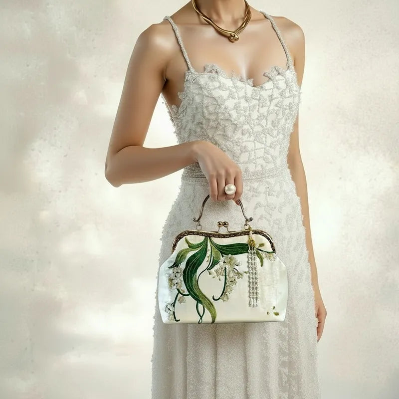 Lily of the Valley Embroidered Kiss-Lock White Handbag with Pearl Tassel - Image 6