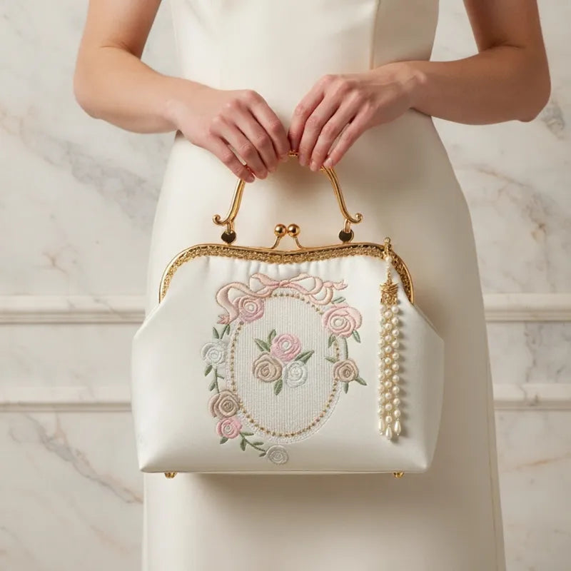 Vintage Rose Embroidered Handbag with Pearl Tassel & Gold Handle - Image 6